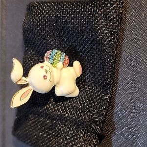 Gold Tone and White Enamel Multicolor Rhinestone Egg Easter Bunny Brooch